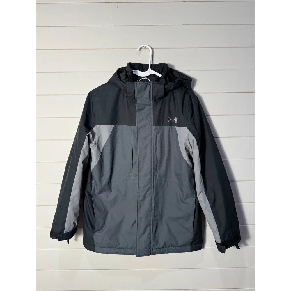Under Armour ColdGear Youth Medium YMD Boys Hooded Winter Jacket Black Grey Coat
